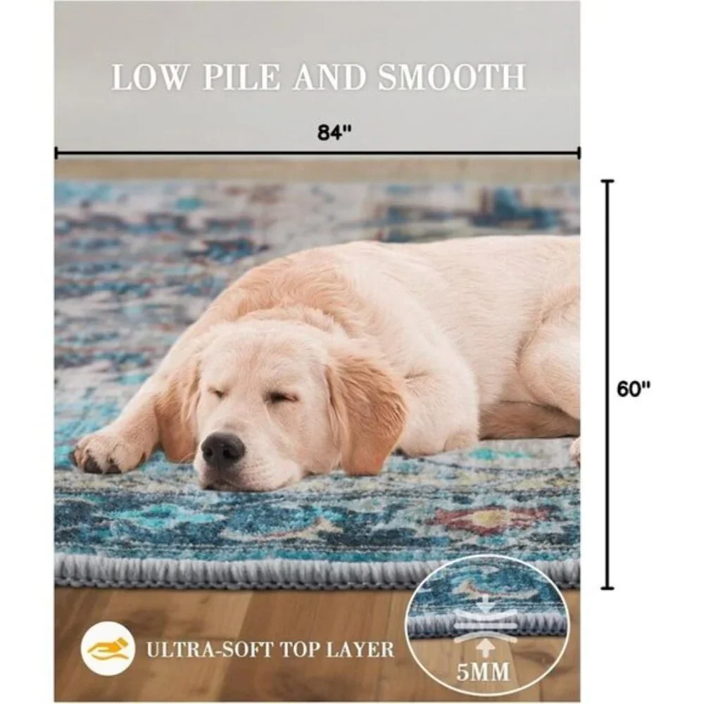 New 5x7 Vintage Area Rug, Washable Low-Pile Non-Slip Carpet for Home & Office